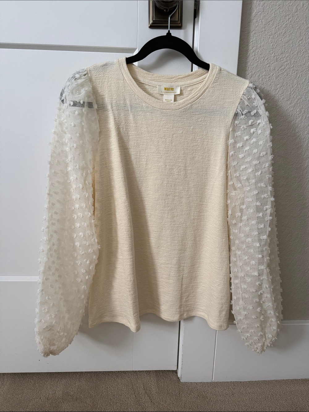 Maeve Cream Puff-Sleeve Textured Knit Blouse